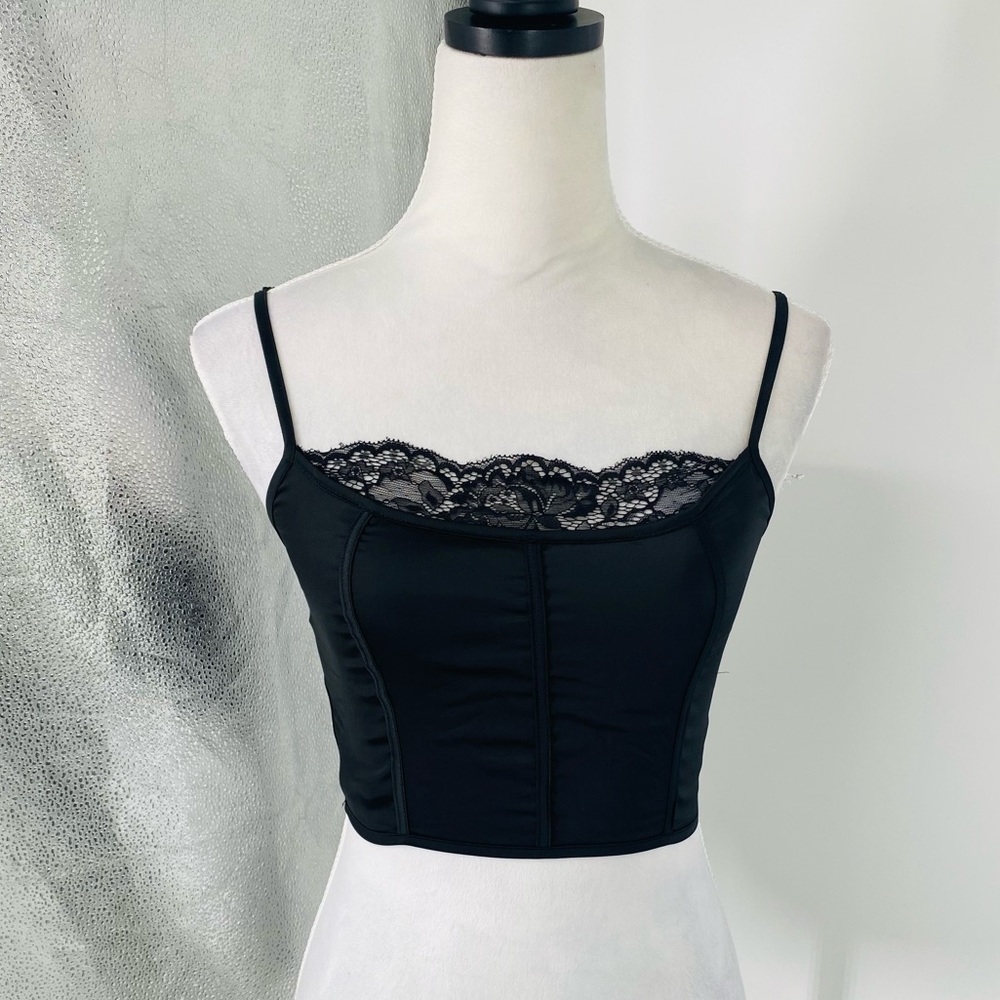 Black Satin Silk Lace Trim Sleeveless Square Neck Crop Top - Picture 8 of 17
